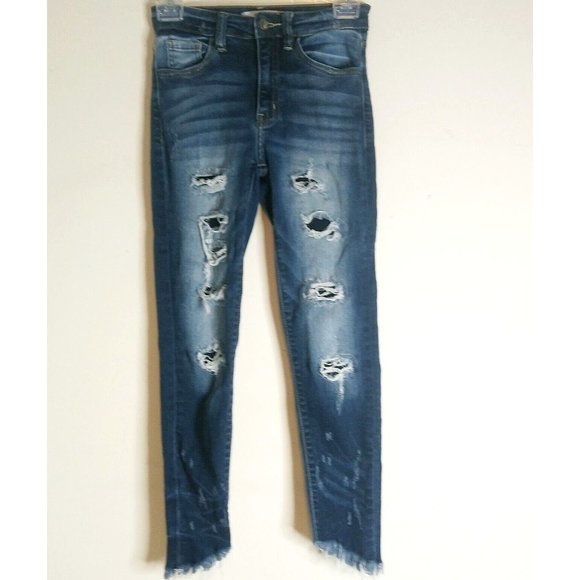 KanCan Denim - KANCAN Dark Wash Blue, DESTROYED/RAW ANGLED HEM Jeans SZ 24" x 24" x 9" inseam